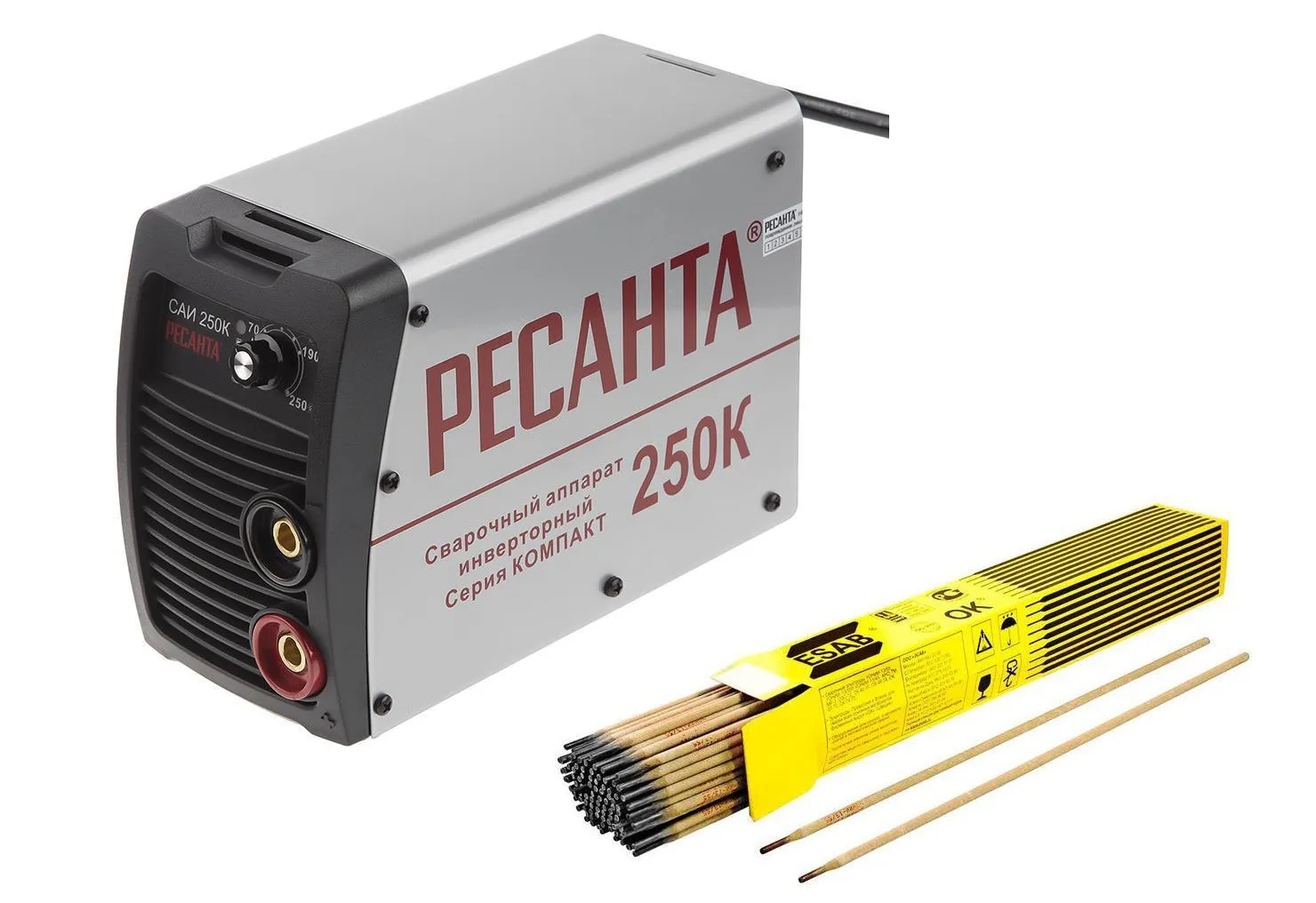 фото набор ресанта сварочный аппарат саи 250к +электроды для сварки уонии 13/55 мост 5.0x450мм